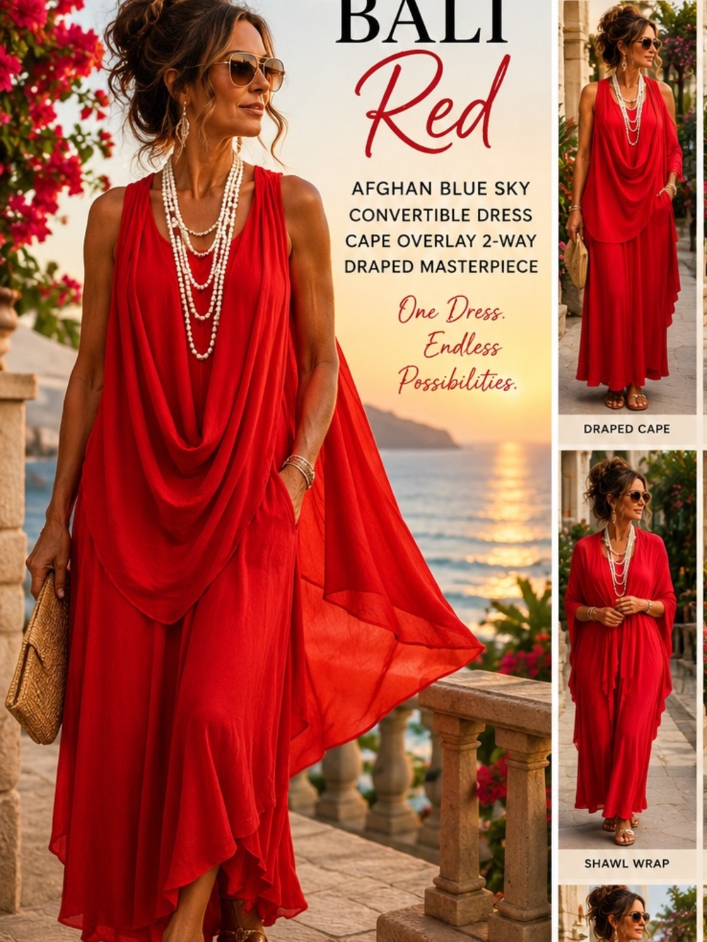 Bali Artisan Convertible Red Rayon Maxi Dress Cape Overlay 2-Way Draped Size M/L